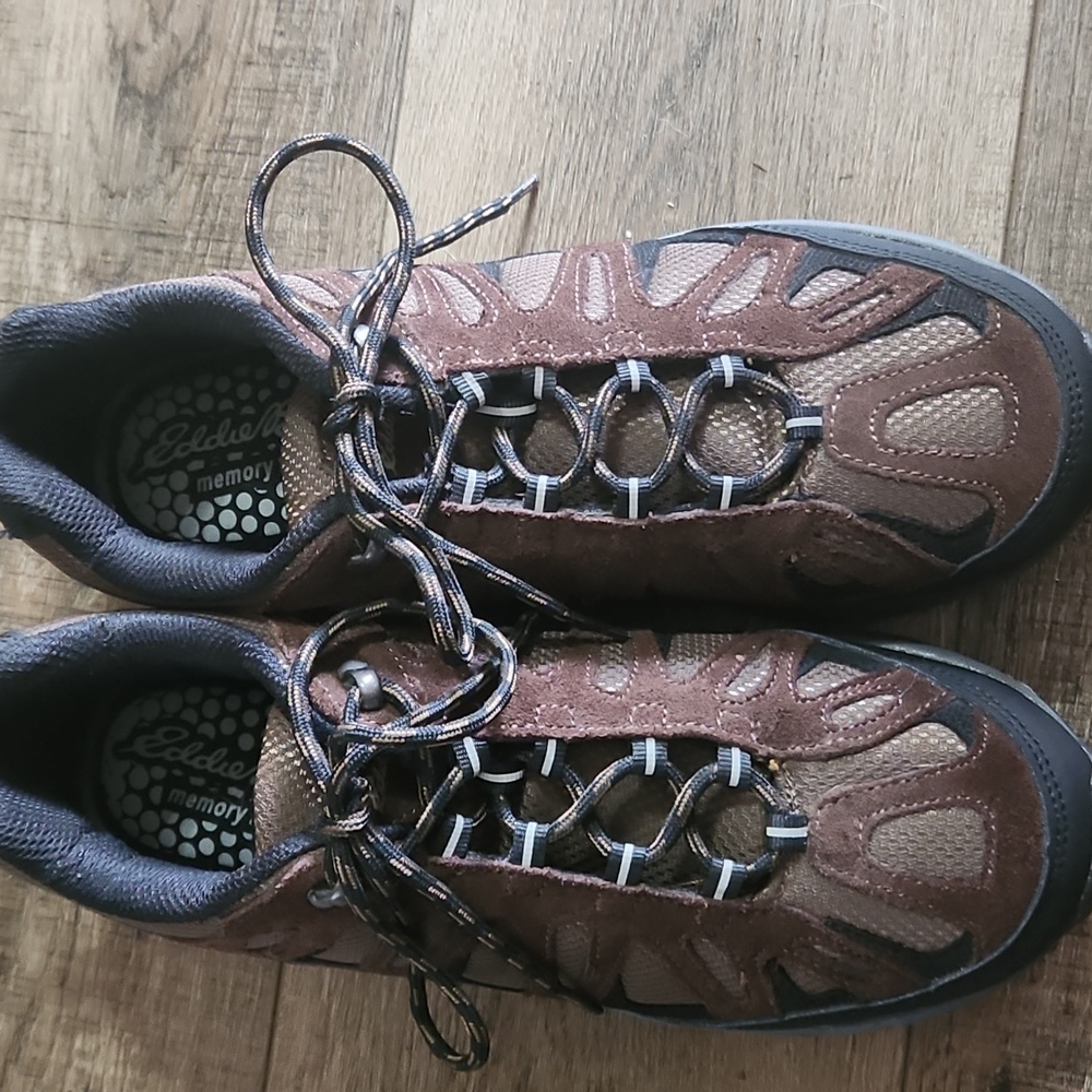 Eddie Bauer brown leather hiking shoes.